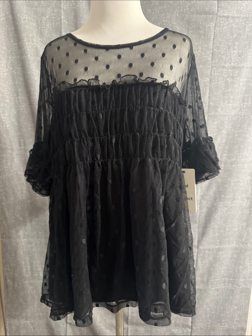 Black Polka Dot Sheer Ruffled Babydoll Top - Picture 5 of 10